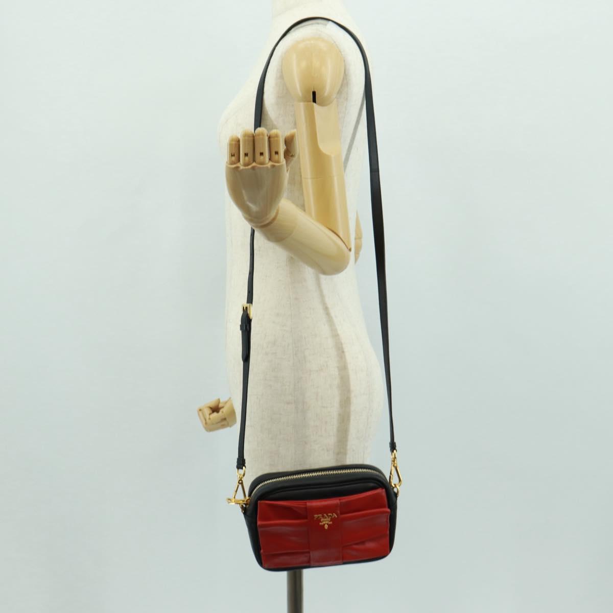 PRADA ribbon Shoulder Bag Leather Black Red gold Auth 171555V