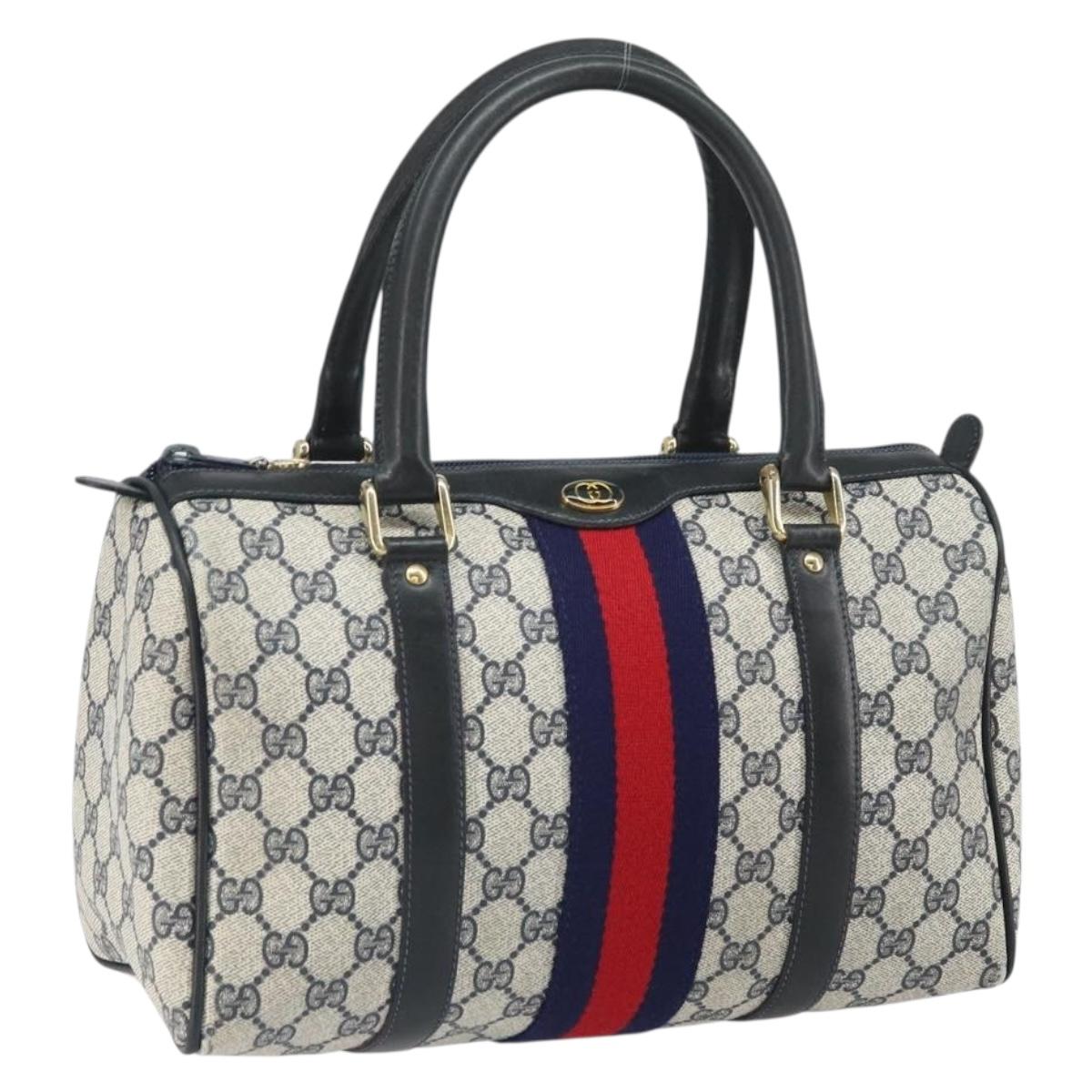 GUCCI GG Supreme Sherry Line Boston Bag PVC Navy Gold 010 47 301 Auth 171571