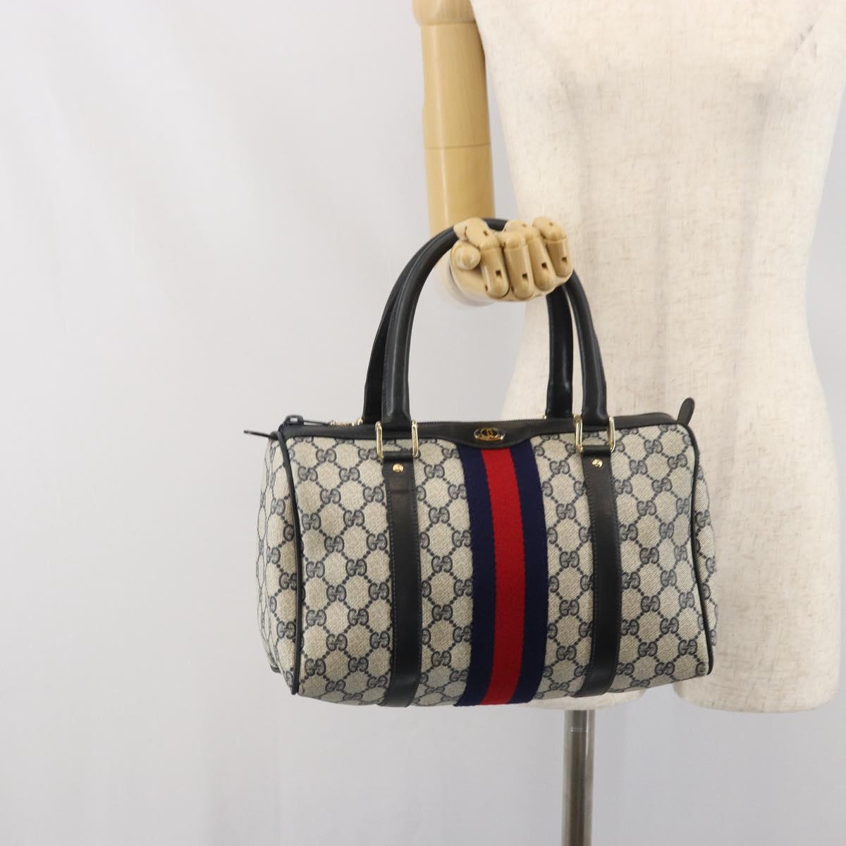 GUCCI GG Supreme Sherry Line Boston Bag PVC Navy Gold 010 47 301 Auth 171571