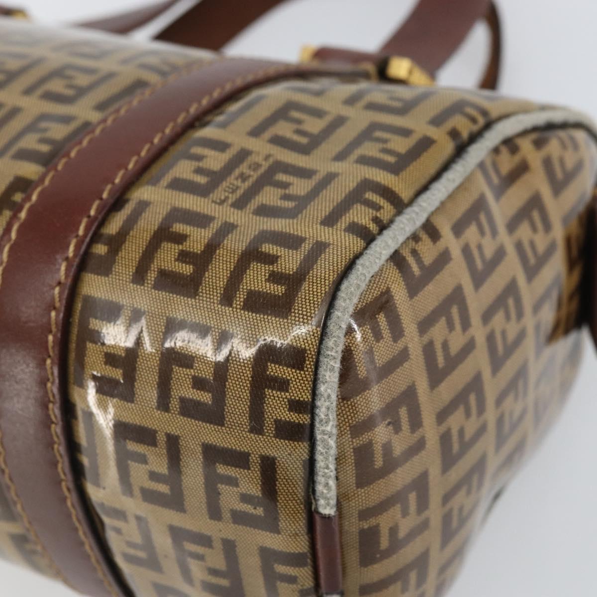 FENDI Zucchino Canvas Boston Bag Patent leather Brown Gold Auth 171572