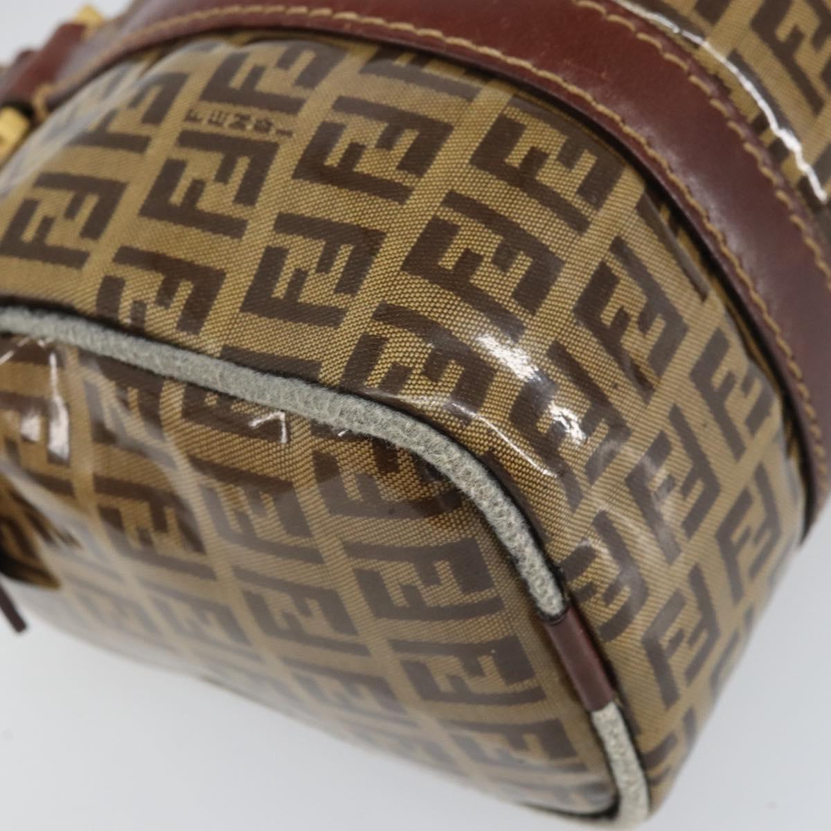 FENDI Zucchino Canvas Boston Bag Patent leather Brown Gold Auth 171572