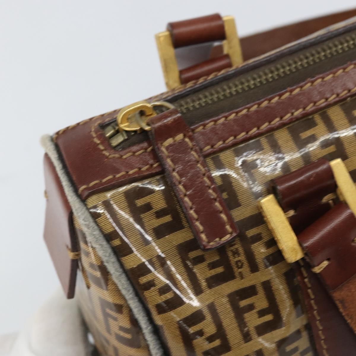 FENDI Zucchino Canvas Boston Bag Patent leather Brown Gold Auth 171572