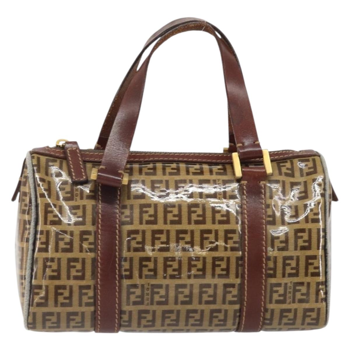 FENDI Zucchino Canvas Boston Bag Patent leather Brown Gold Auth 171572