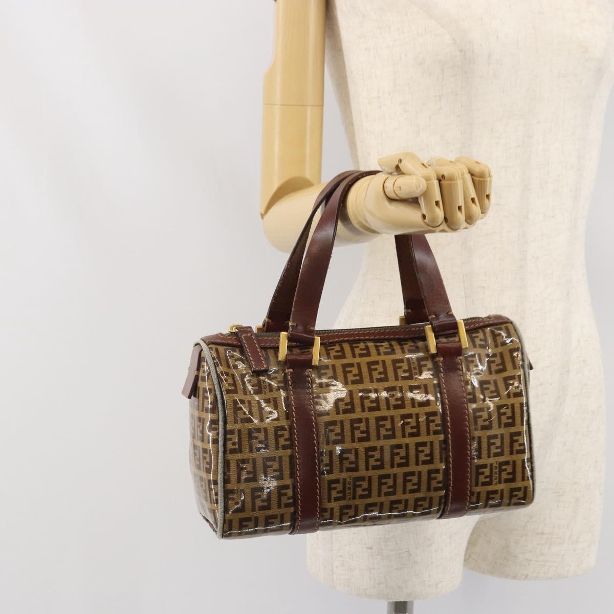 FENDI Zucchino Canvas Boston Bag Patent leather Brown Gold Auth 171572