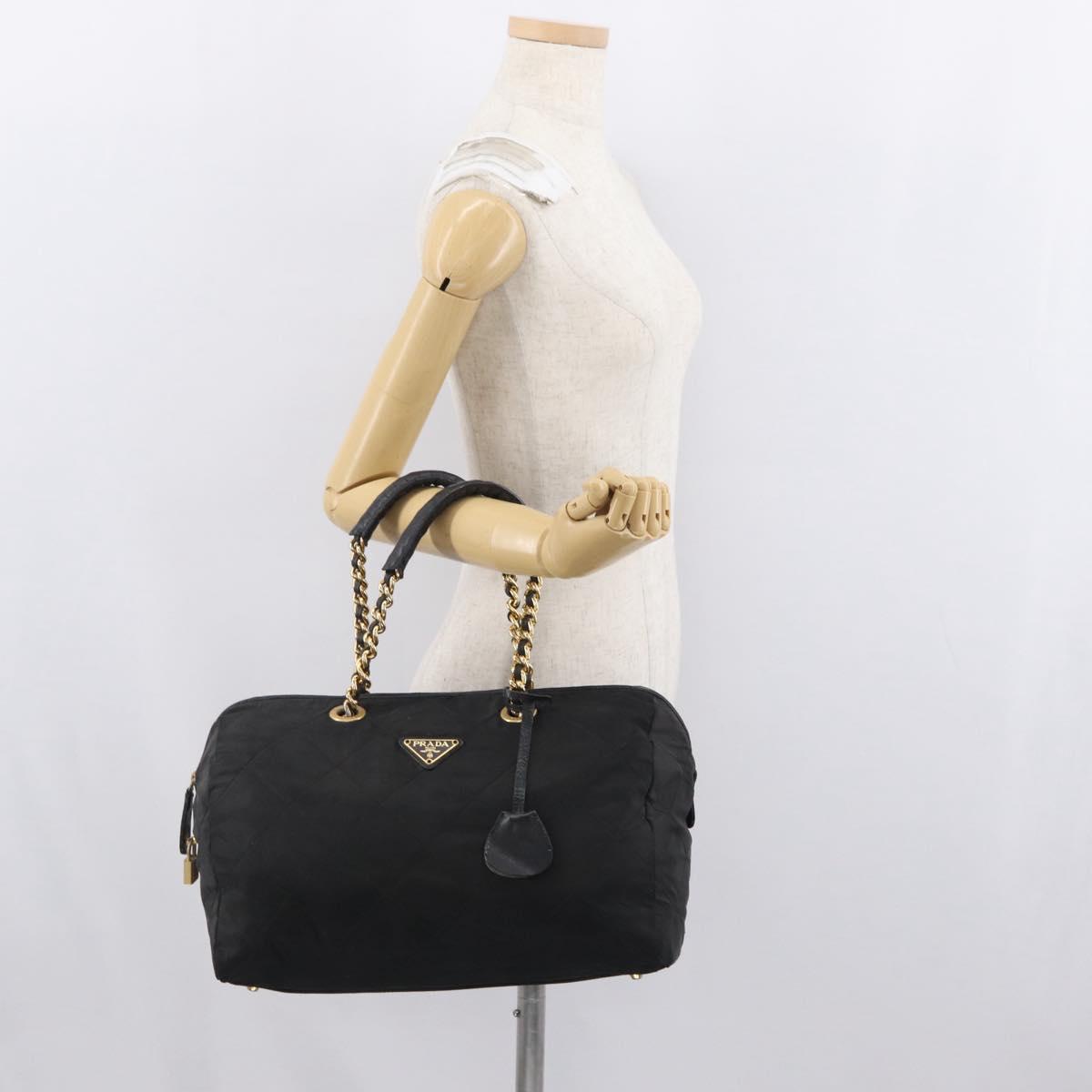 PRADA Chain Hand Bag Nylon Black Gold Auth 171579