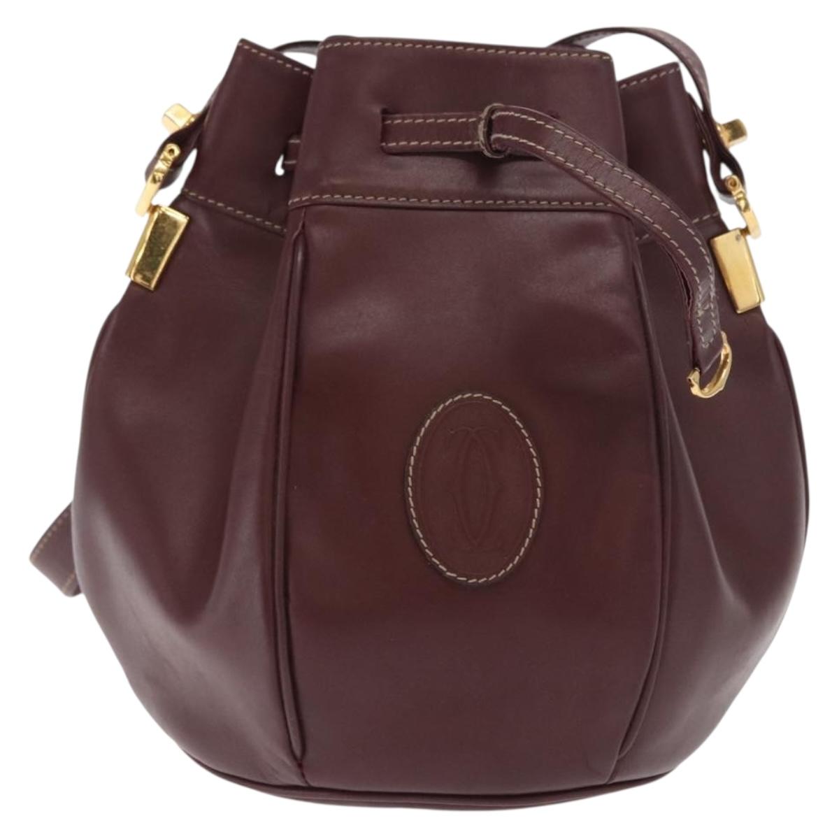 CARTIER Must Line Purse Shoulder Bag Leather Bordeaux Gold Auth 171643