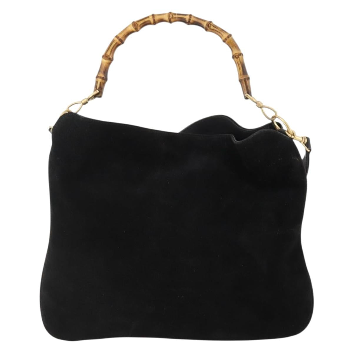 GUCCI Bamboo Shoulder Bag Suede 2way Black Gold 001 2058 1577 Auth 171654