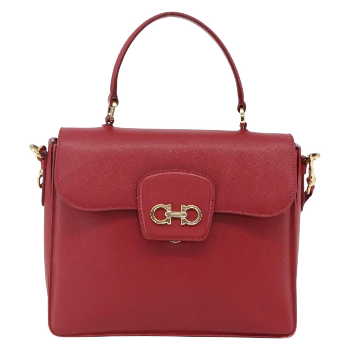 Salvatore Ferragamo Gancini Hand Bag Leather 2way Red Gold Auth 171837