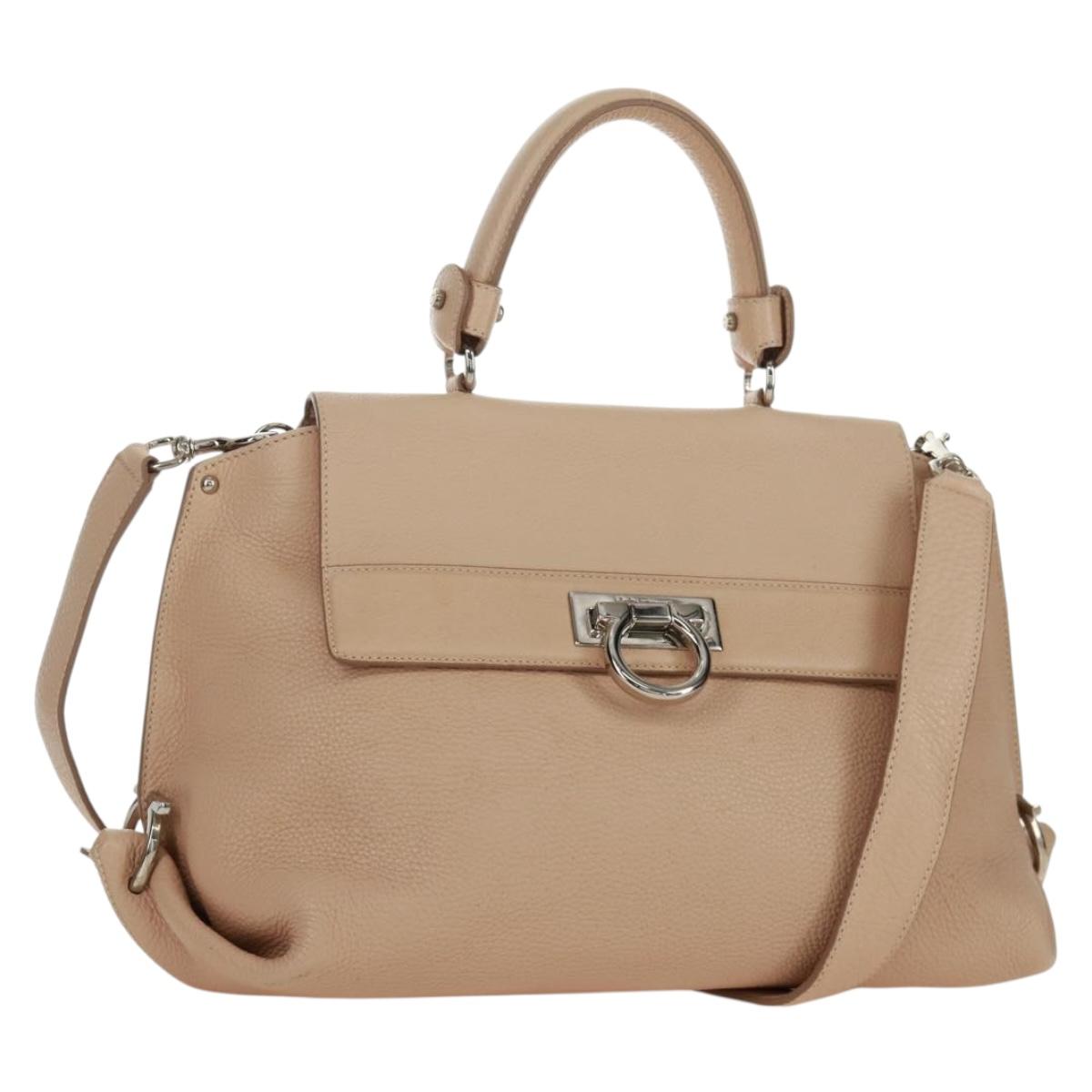 Salvatore Ferragamo Gancini Sofia Hand Bag Leather 2way Beige Auth 171849A