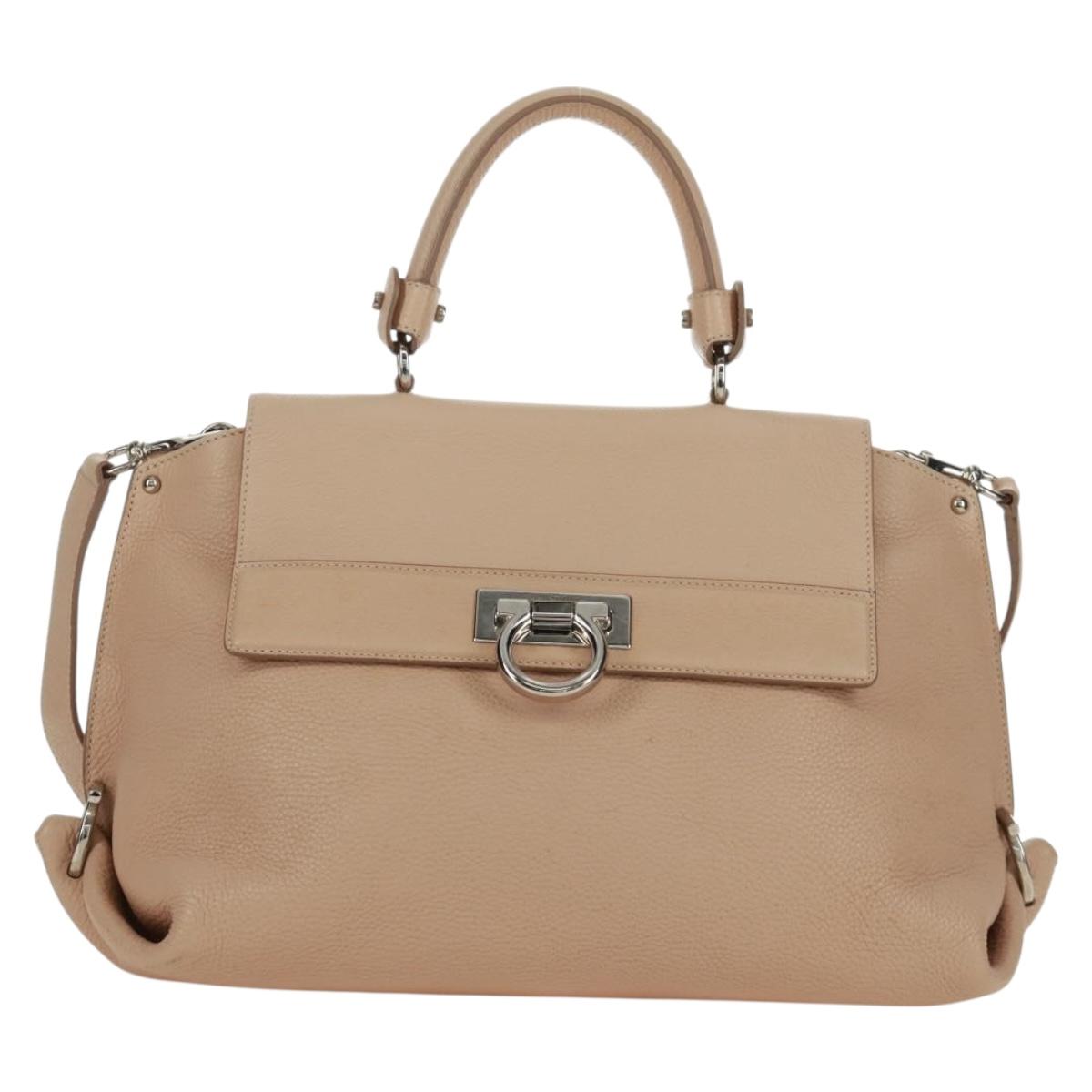 Salvatore Ferragamo Gancini Sofia Hand Bag Leather 2way Beige Auth 171849A