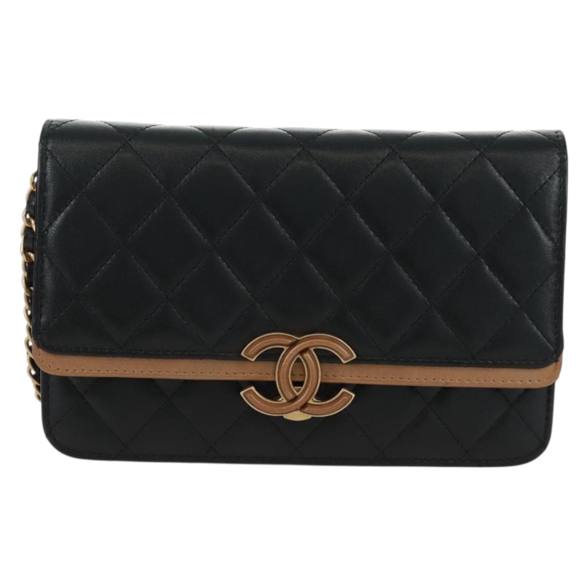 CHANEL Matelasse Chain Wallet Lamb Skin Black CC Auth 171862SAM