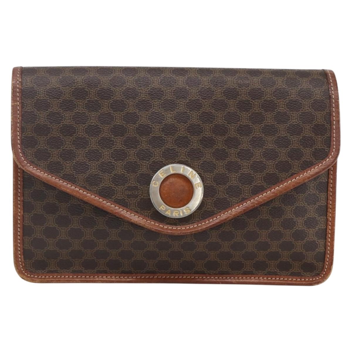 CELINE Macadam Canvas Circle Clutch Bag PVC Leather Brown Gold Auth 171869