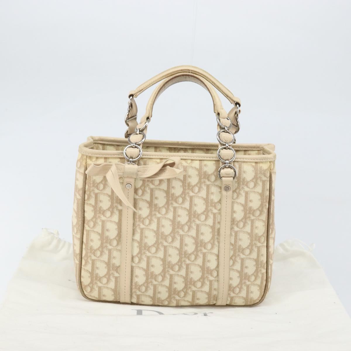 Christian Dior Trotter Canvas Romantic Hand Bag PVC Beige Silver Auth 171915