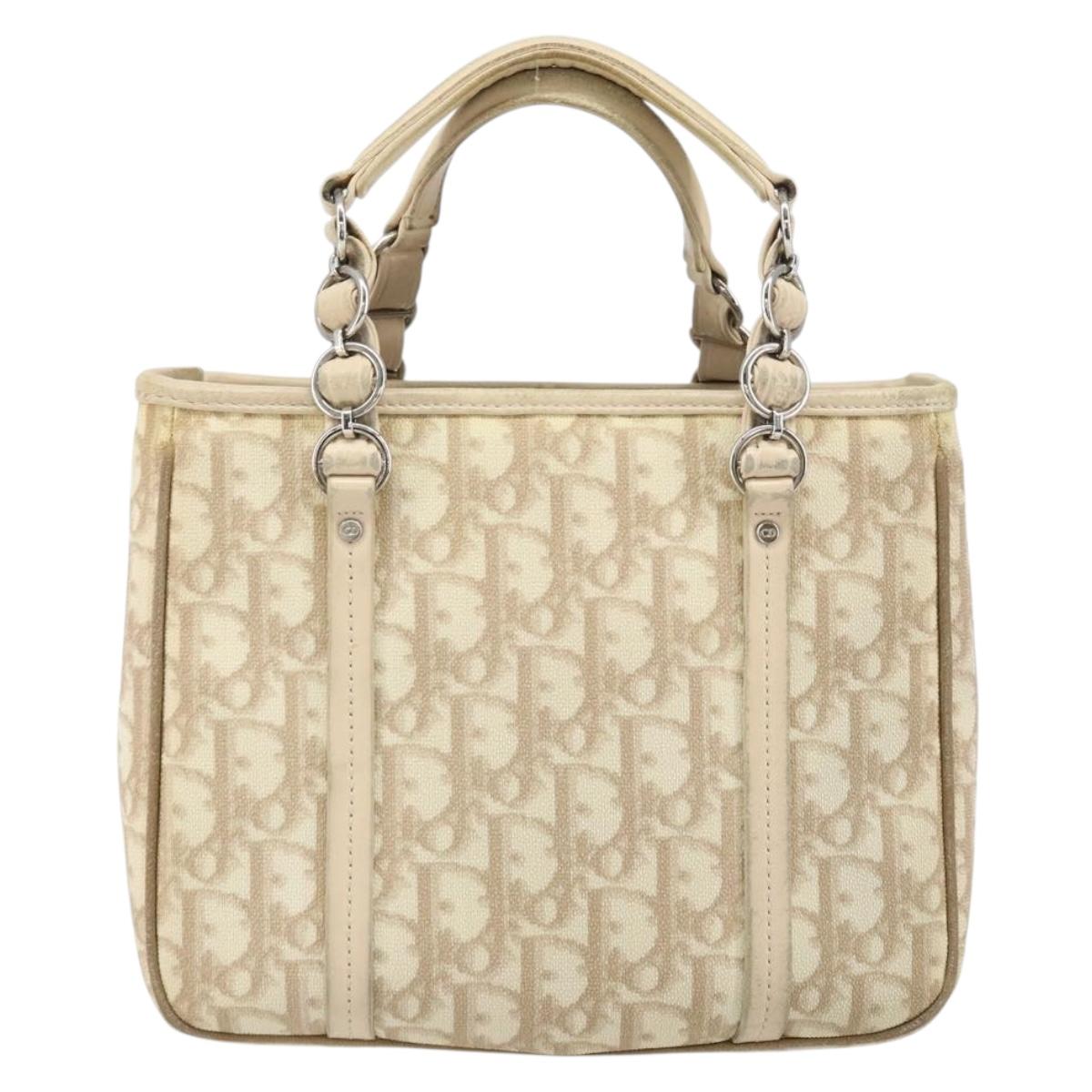Christian Dior Trotter Canvas Romantic Hand Bag PVC Beige Silver Auth 171915