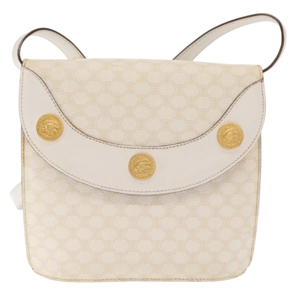 CELINE Macadam Canvas Shoulder Bag PVC Leather White Gold Auth 171965