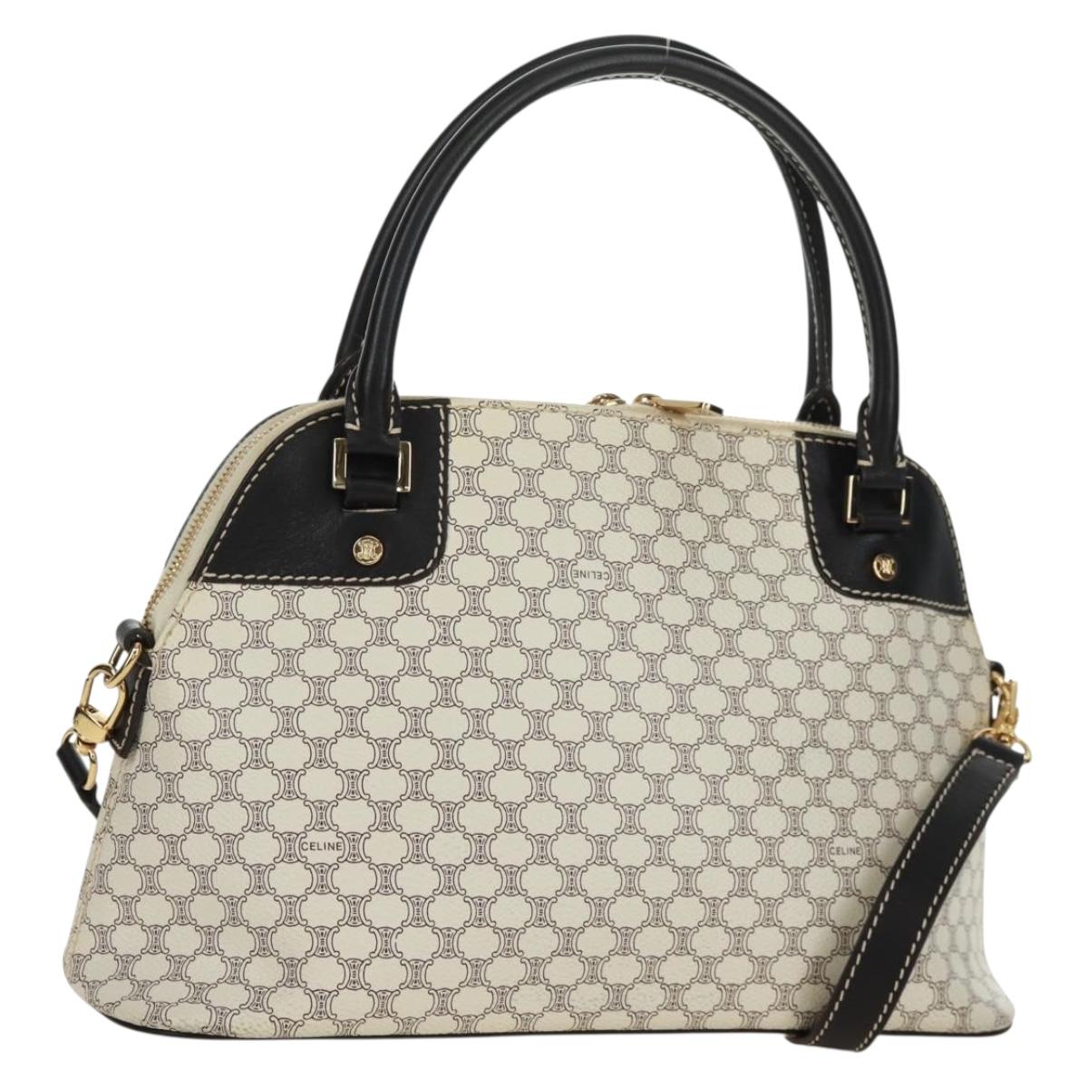 CELINE Macadam Canvas Hand Bag PVC Leather 2way White Gold Auth 171966A