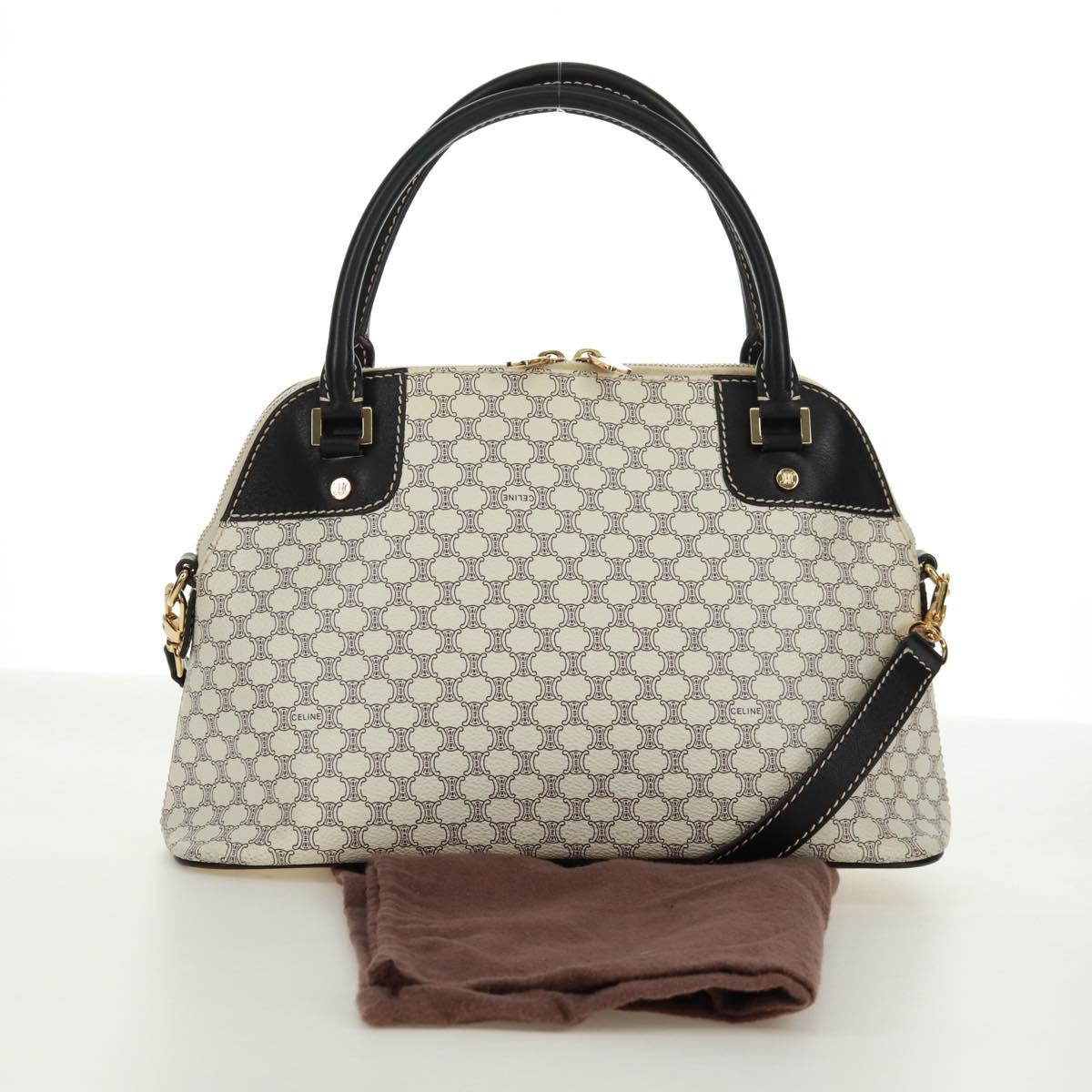 CELINE Macadam Canvas Hand Bag PVC Leather 2way White Gold Auth 171966A
