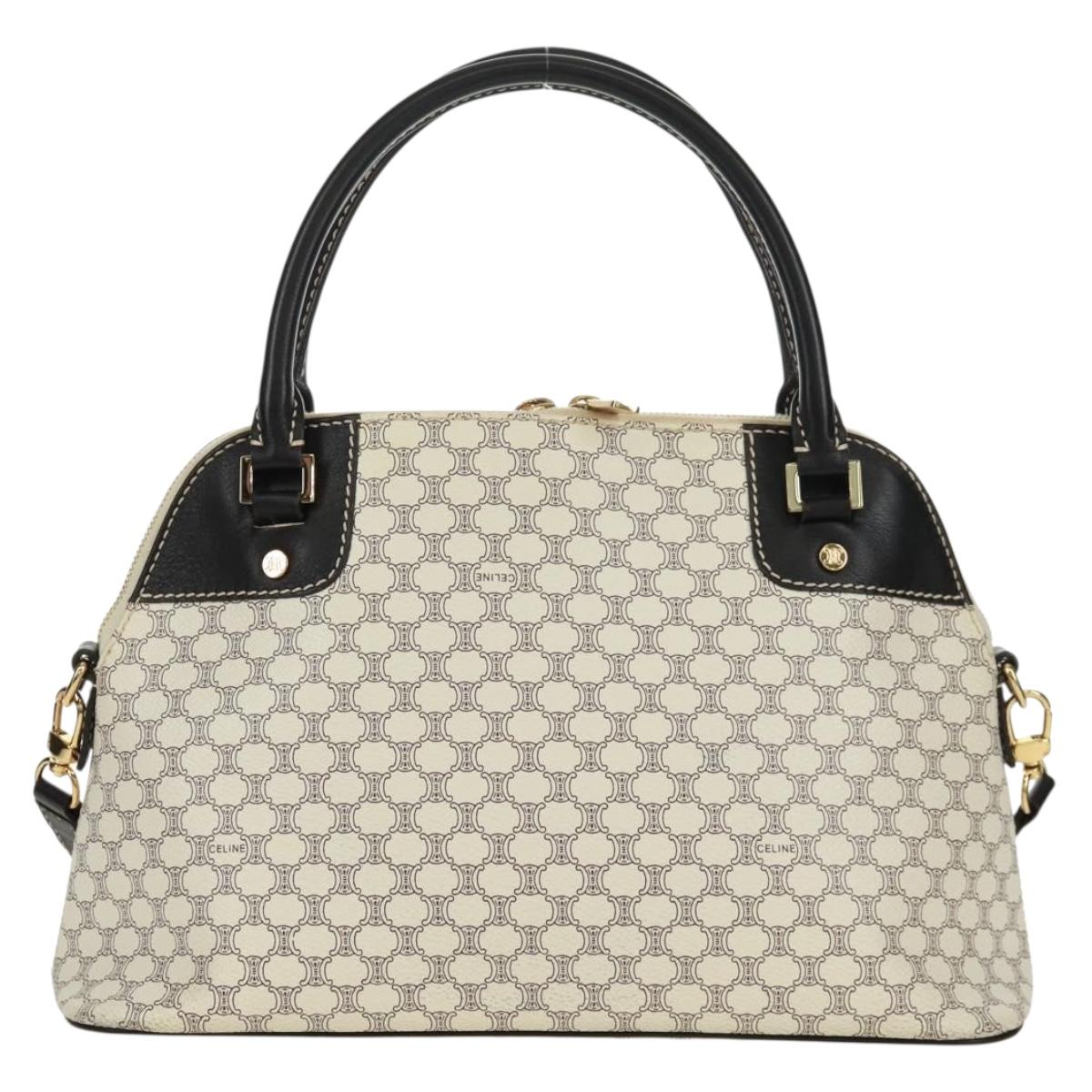 CELINE Macadam Canvas Hand Bag PVC Leather 2way White Gold Auth 171966A