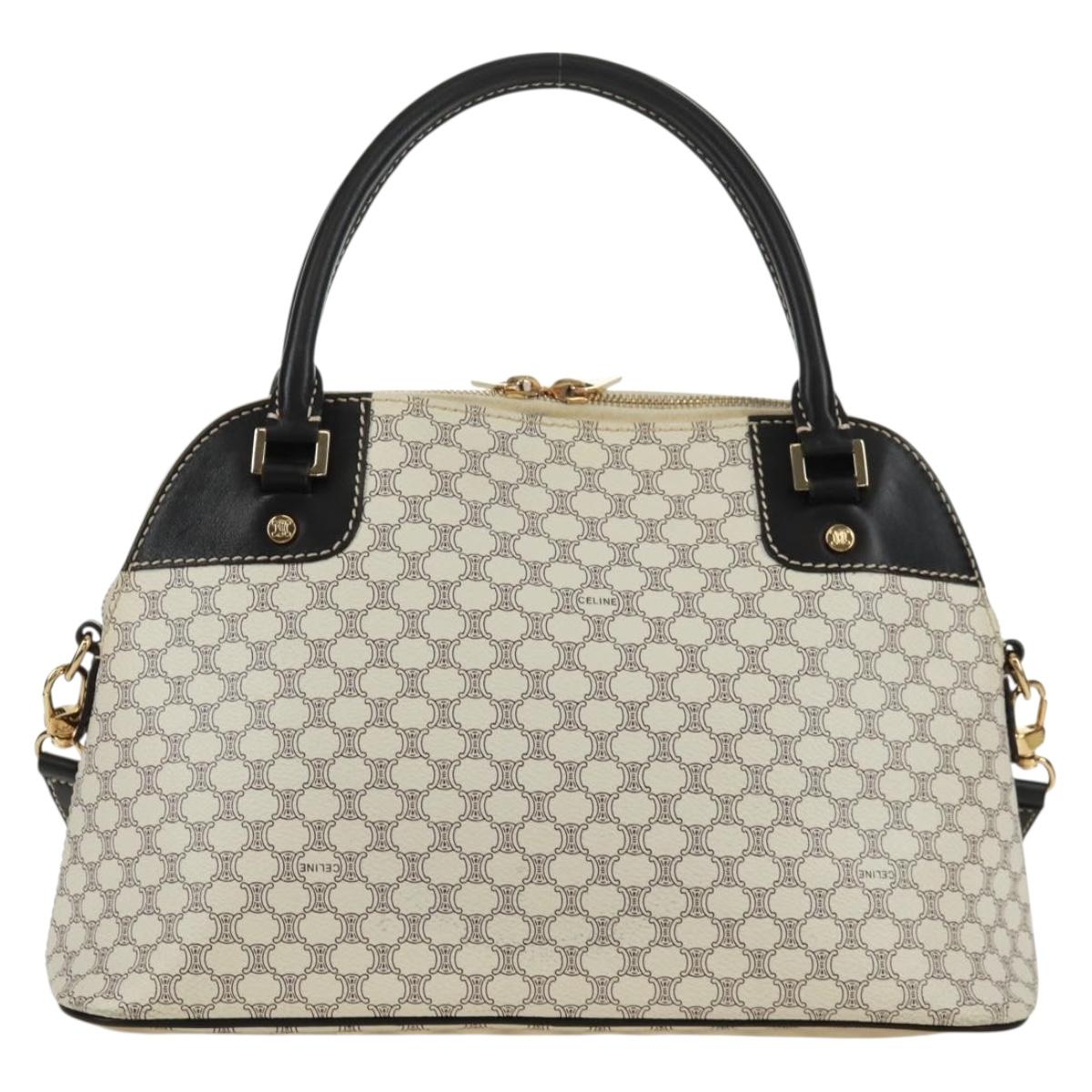 CELINE Macadam Canvas Hand Bag PVC Leather 2way White Gold Auth 171966A