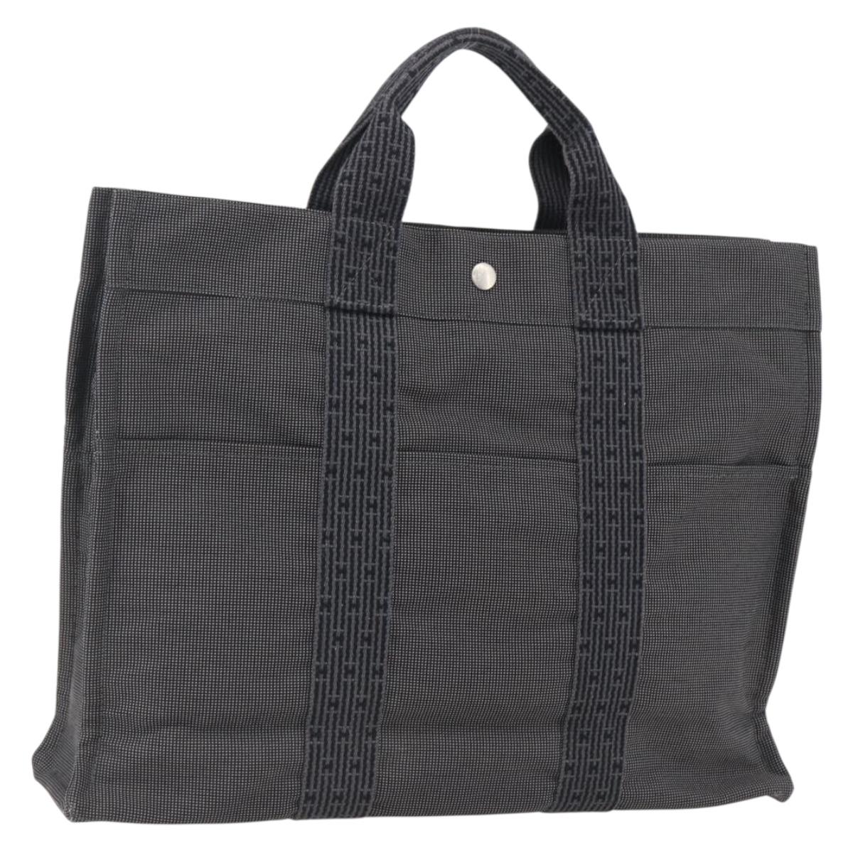 HERMES Her Line Tote MM Hand Bag Canvas Gray Silver Auth 171986