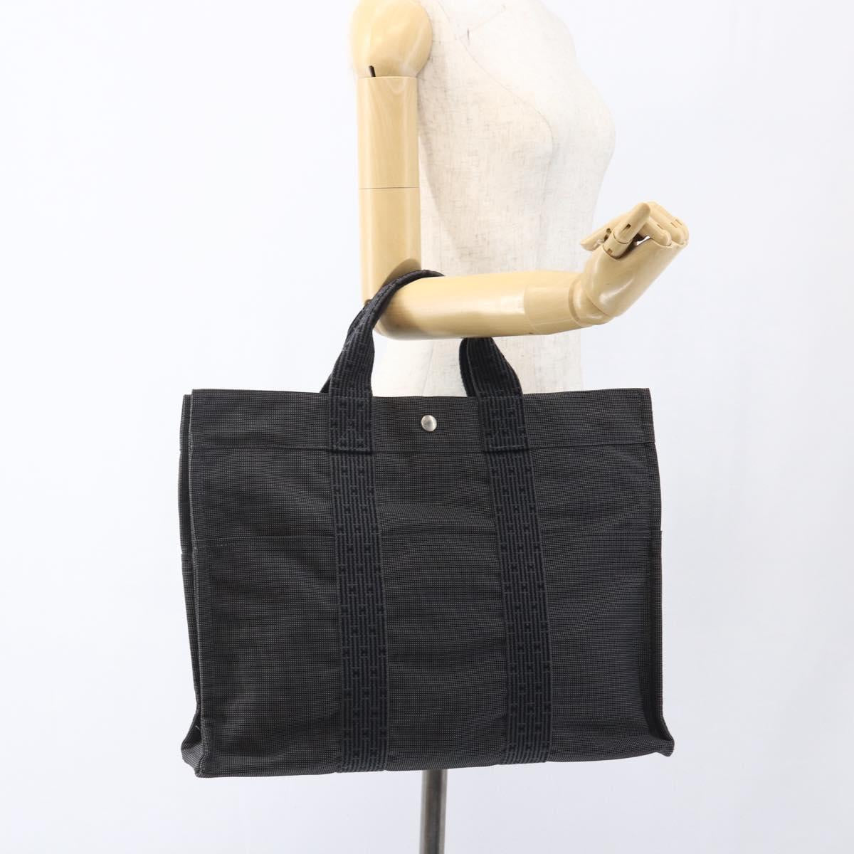 HERMES Her Line Tote MM Hand Bag Canvas Gray Silver Auth 171986