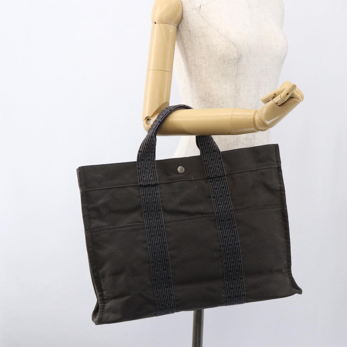HERMES Her Line Tote MM Hand Bag Canvas Gray Silver Auth 171988
