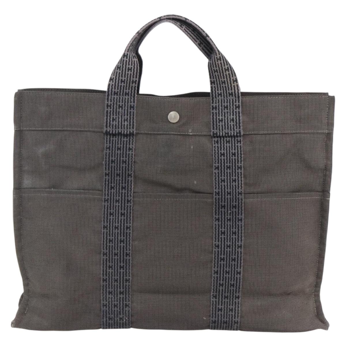 HERMES Her Line Tote MM Hand Bag Canvas Gray Silver Auth 171988