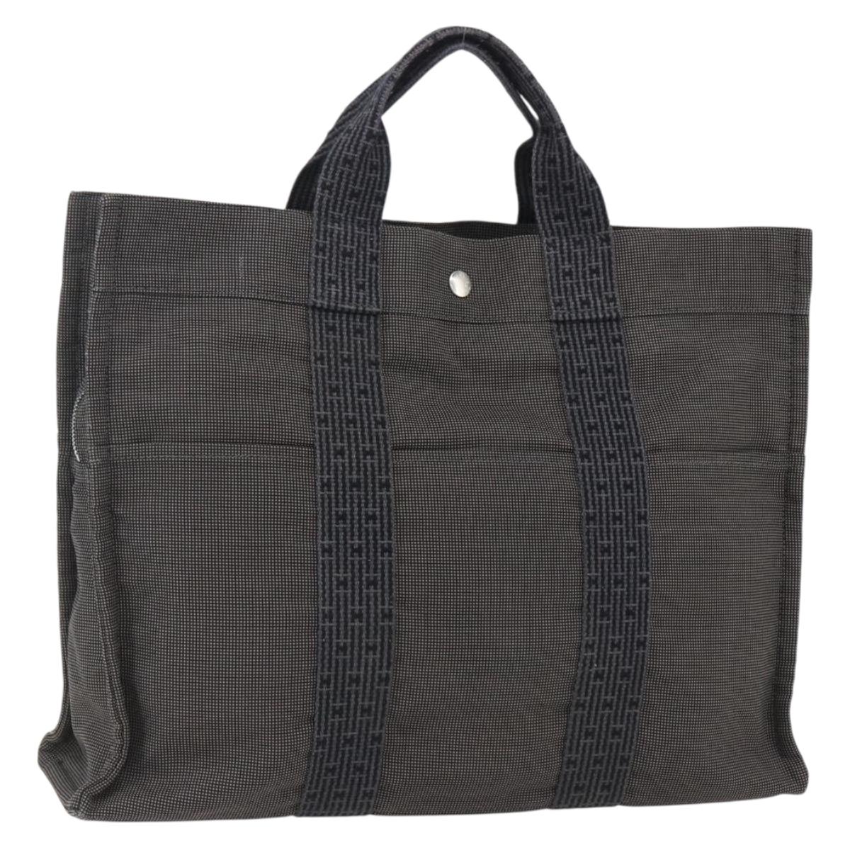 HERMES Her Line Tote MM Hand Bag Canvas Gray Silver Auth 171993