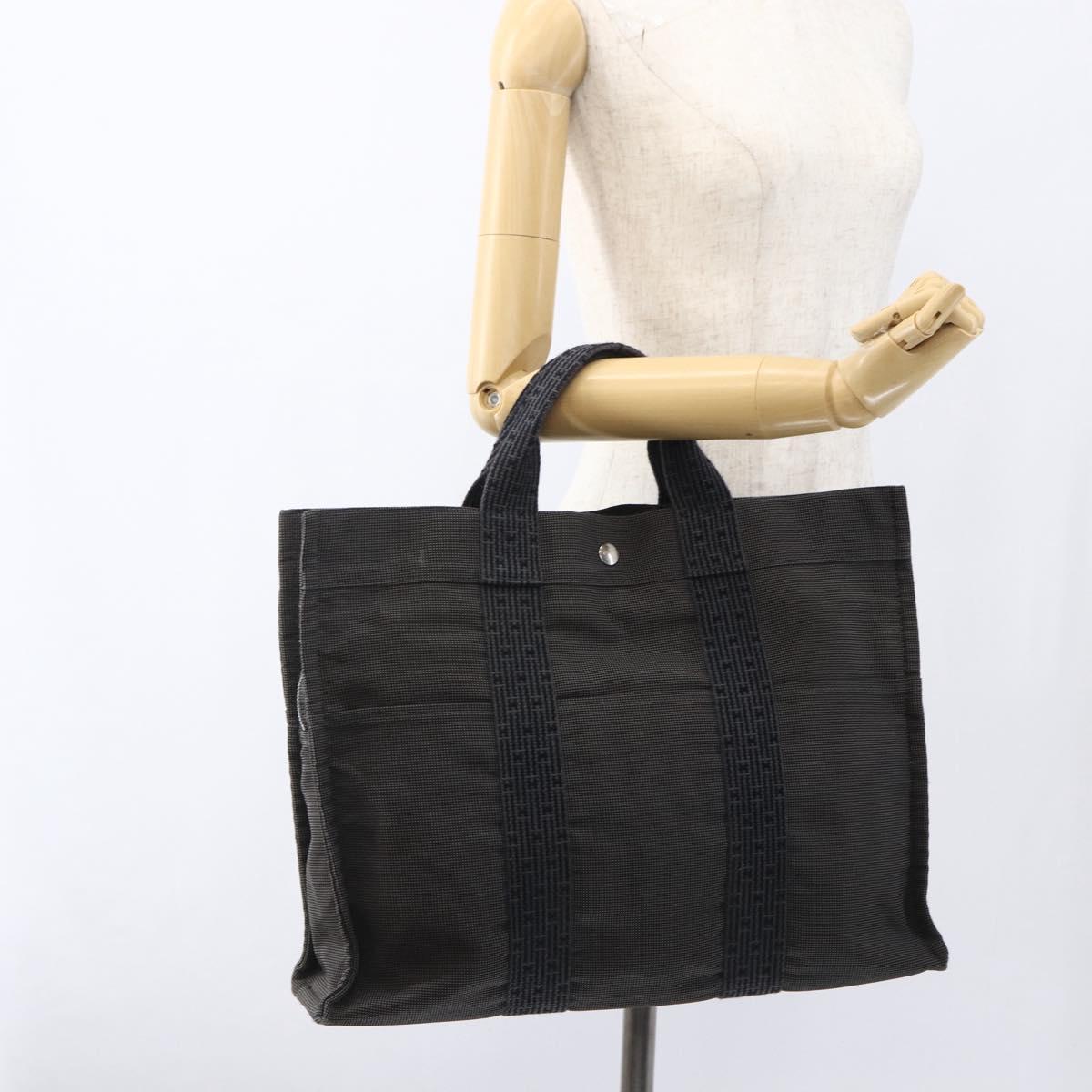 HERMES Her Line Tote MM Hand Bag Canvas Gray Silver Auth 171993