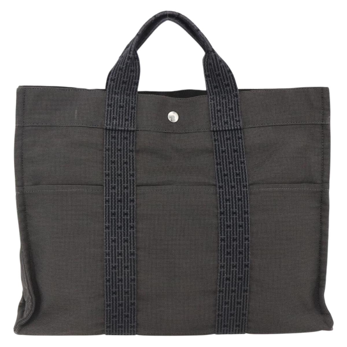 HERMES Her Line Tote MM Hand Bag Canvas Gray Silver Auth 171993