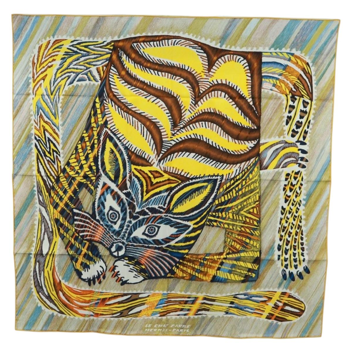 HERMES Carre 90 Scarf ""LE CHAT CARRE"" Silk Beige Auth 172015SAM
