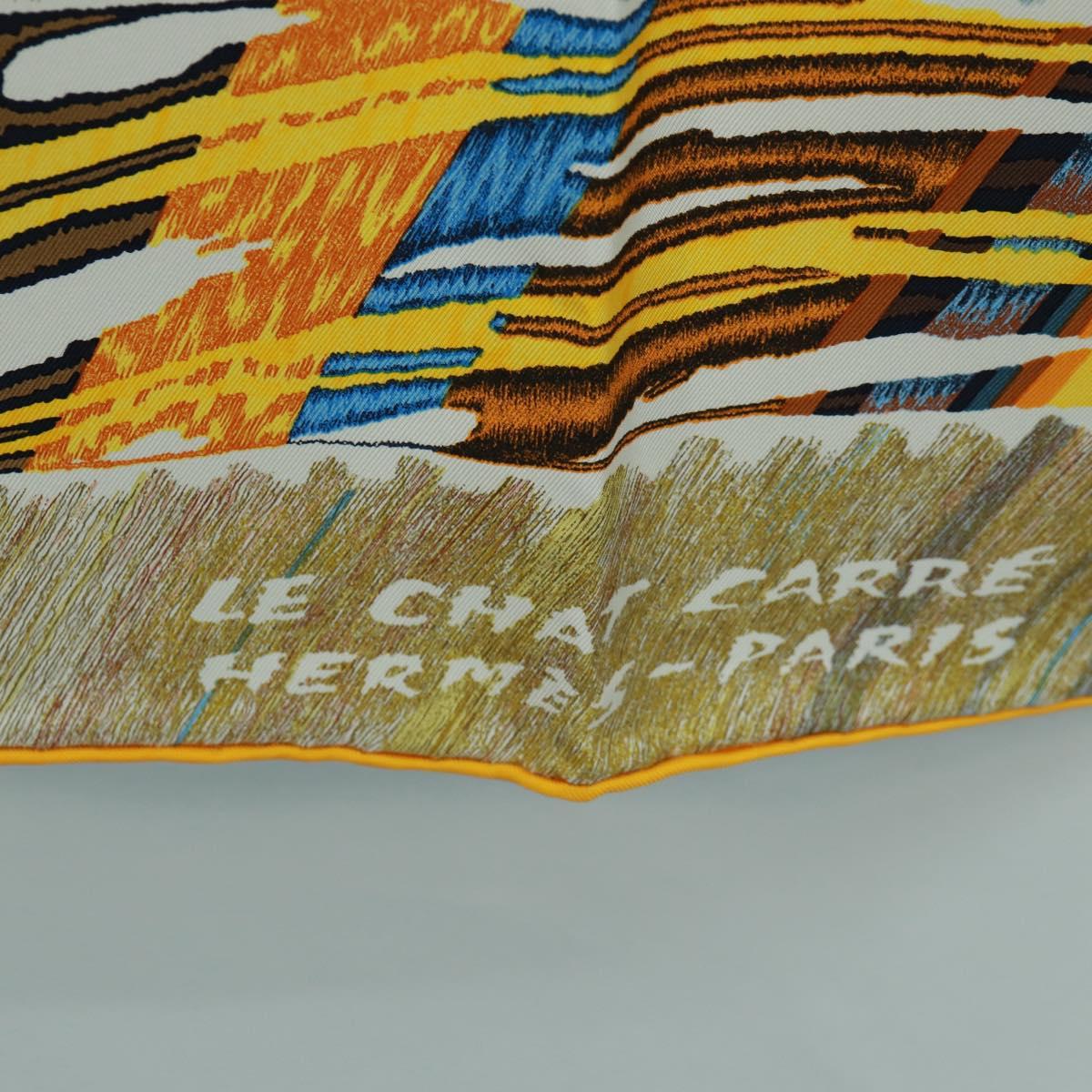HERMES Carre 90 Scarf ""LE CHAT CARRE"" Silk Beige Auth 172015SAM