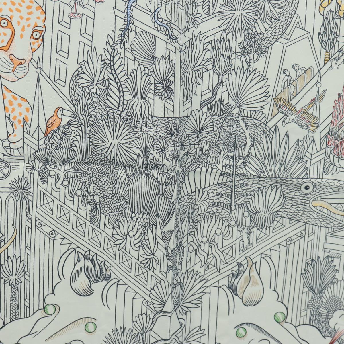 HERMES Carre 90 Scarf ""Animapolis"" Silk White Auth 172016SAM