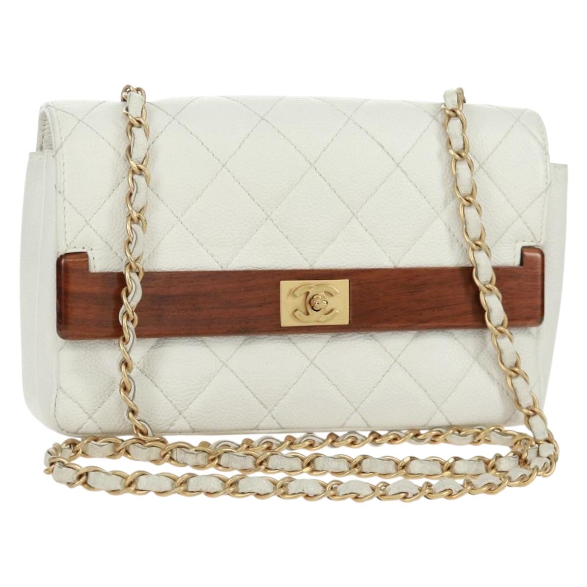 CHANEL Matelasse 22 Chain Shoulder Bag Caviar Skin White Gold CC Auth 172038SAV