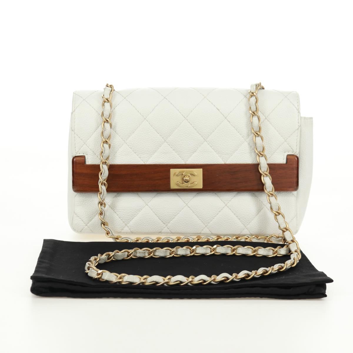 CHANEL Matelasse 22 Chain Shoulder Bag Caviar Skin White Gold CC Auth 172038SAV