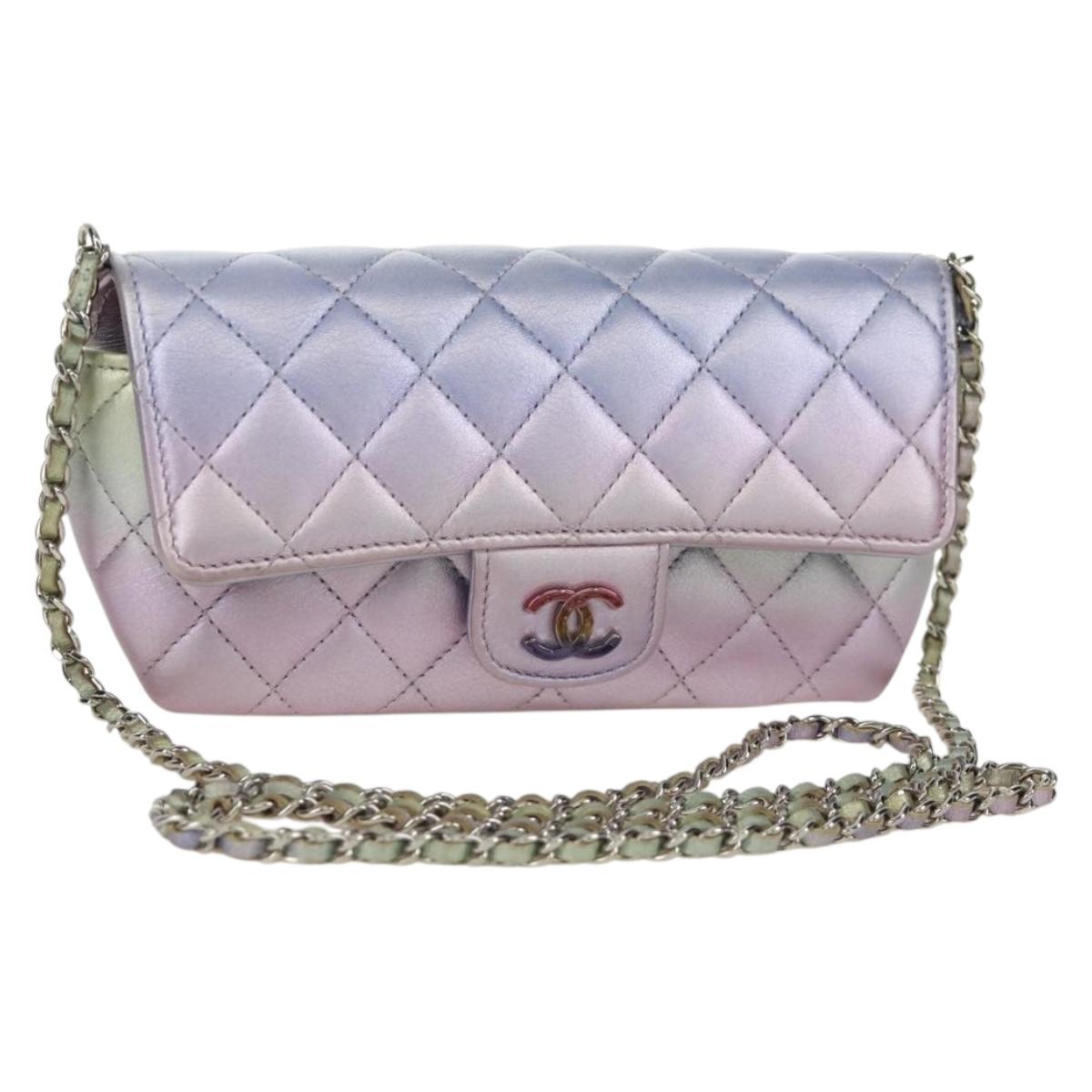 CHANEL Chain Shoulder Pouch Matelasse Leather Purple Silver CC Auth 172041SAM
