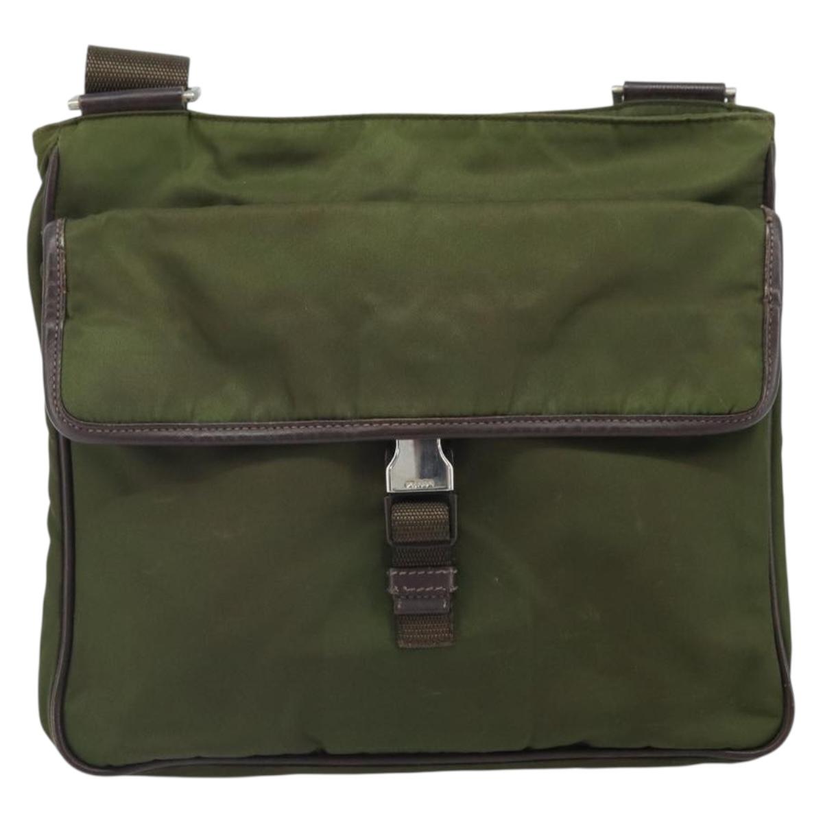 PRADA Shoulder Bag Nylon Khaki Silver Auth 172042