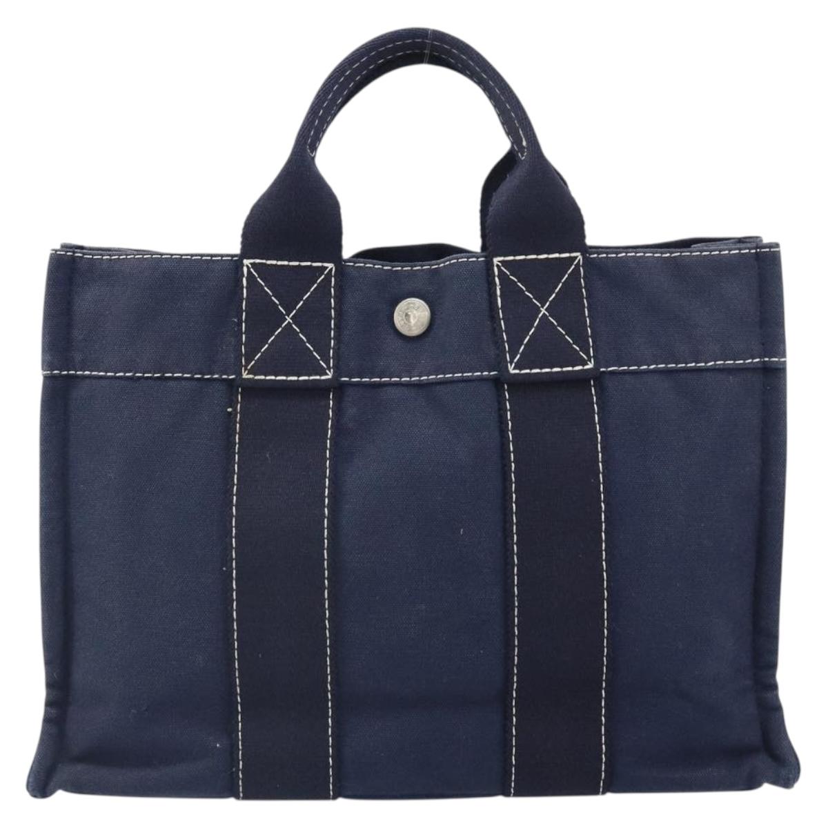 HERMES Fourre Tout PM Hand Bag Canvas Navy Silver Auth 172044