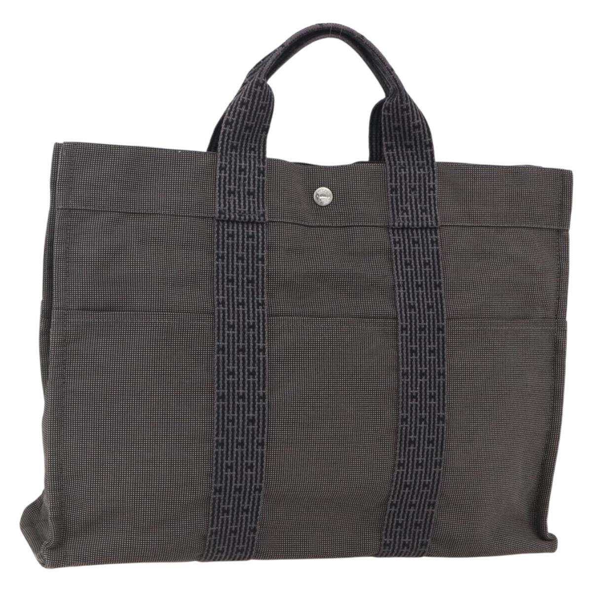HERMES Her Line Tote MM Hand Bag Canvas Gray Silver Auth 172058