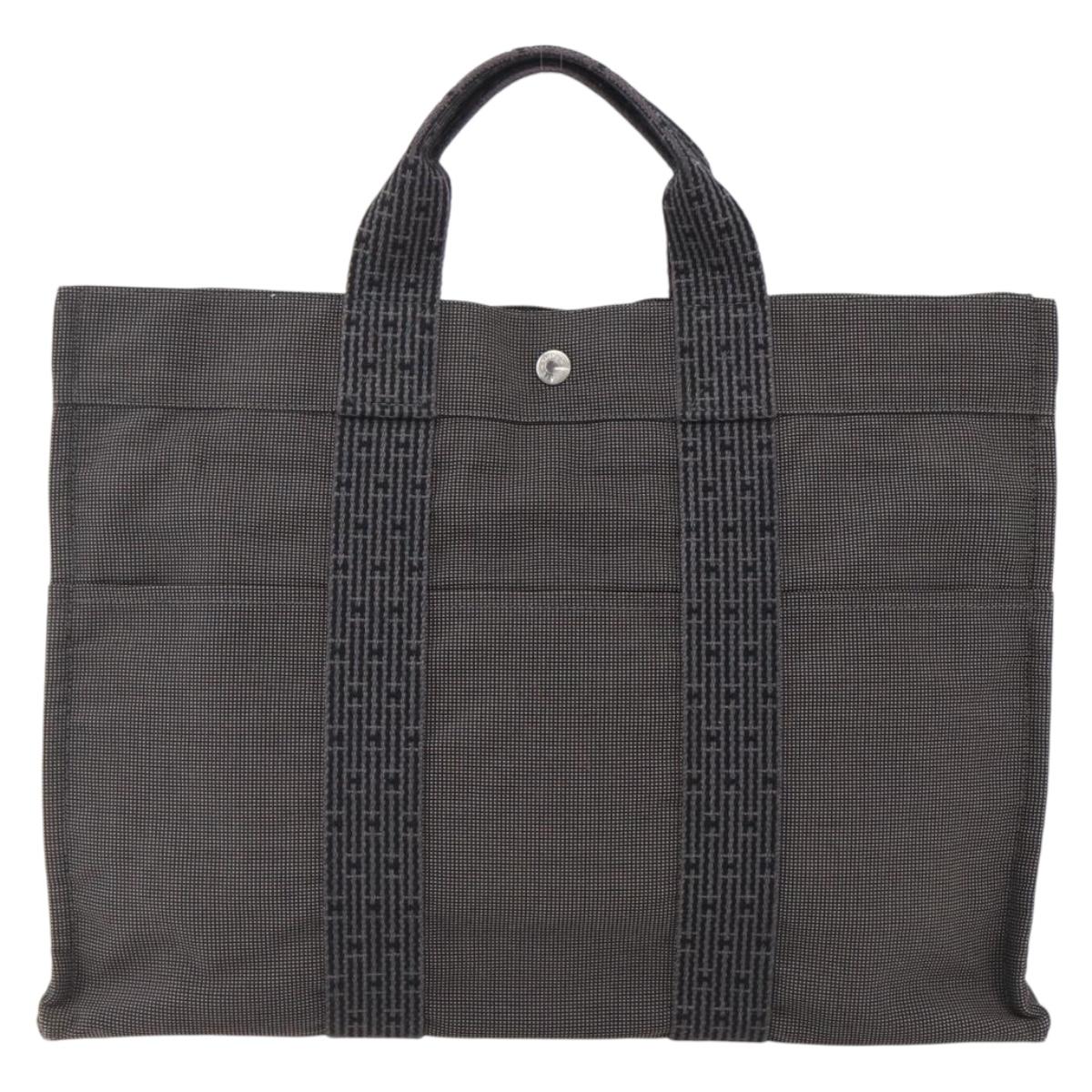 HERMES Her Line Tote MM Hand Bag Canvas Gray Silver Auth 172058