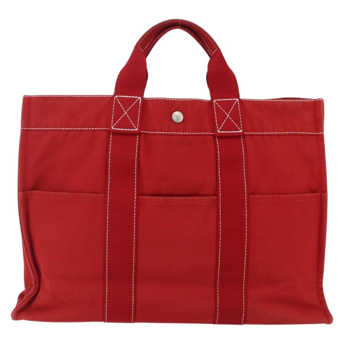 HERMES Fourre Tout MM Hand Bag Canvas Red Silver Auth 172059