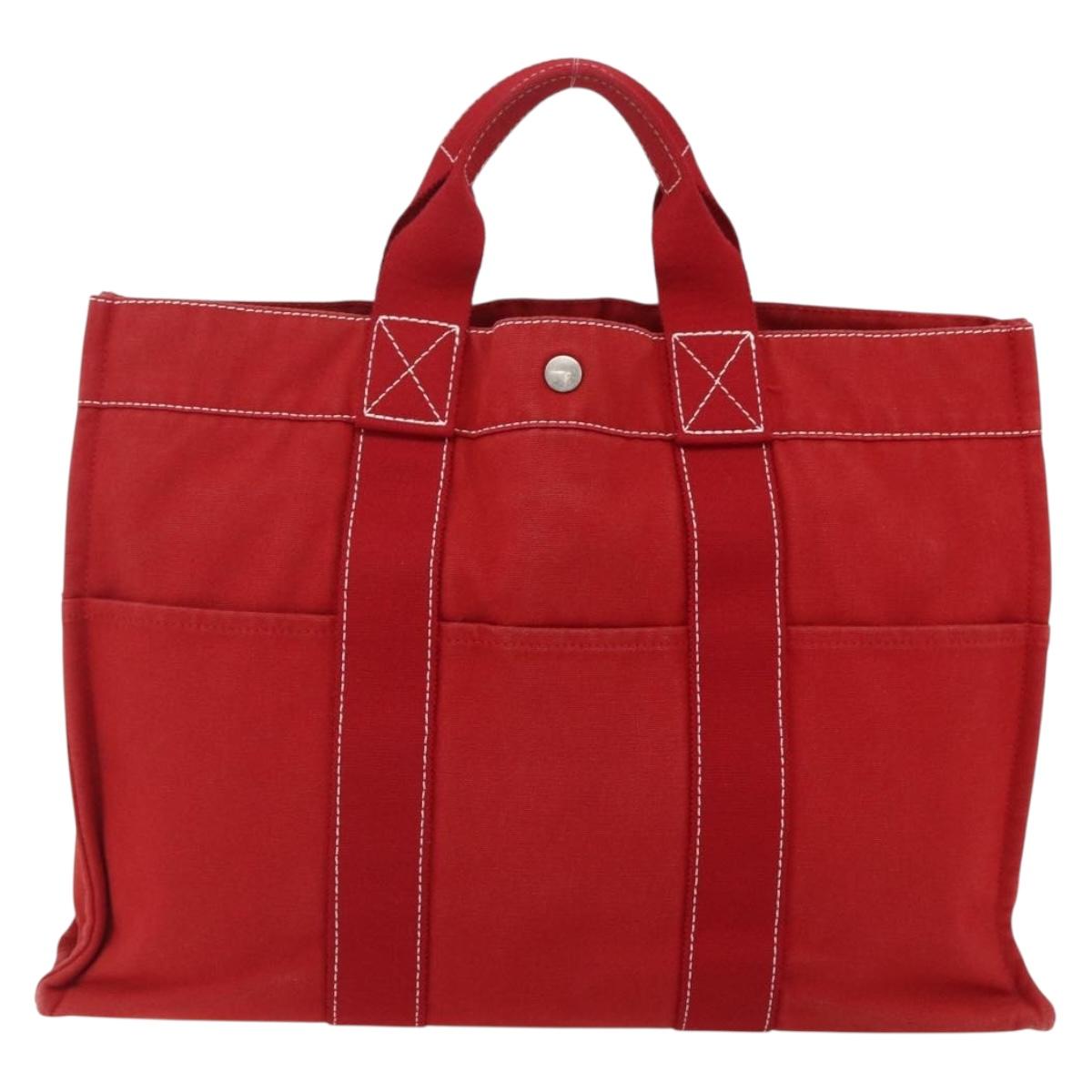 HERMES Fourre Tout MM Hand Bag Canvas Red Silver Auth 172059