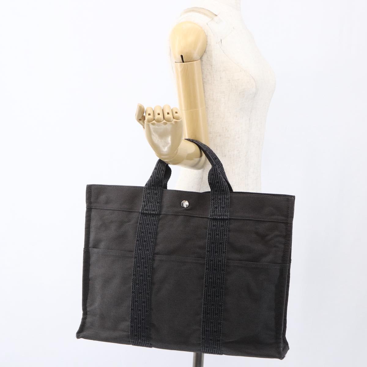 HERMES Her Line Tote MM Hand Bag Canvas Gray Silver Auth 172060
