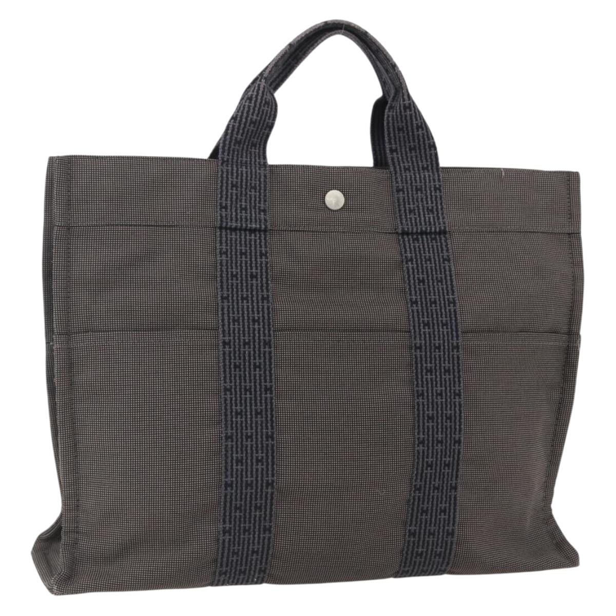 HERMES Her Line Tote MM Hand Bag Canvas Gray Silver Auth 172062