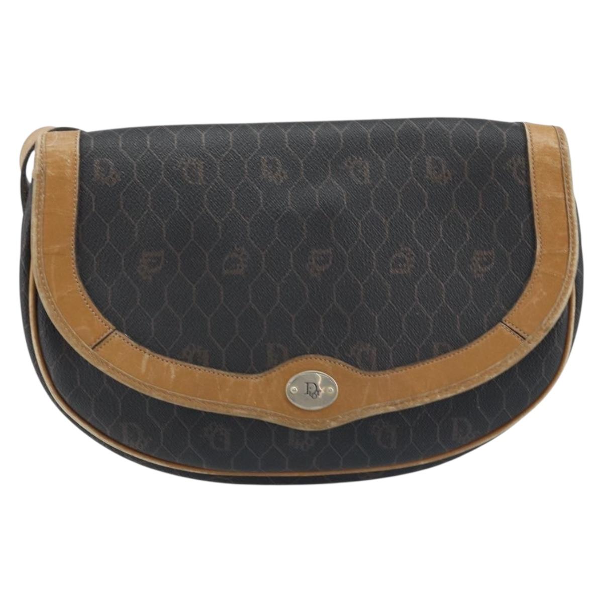Christian Dior Honeycomb Canvas Shoulder Bag PVC Black Gold Auth 172089
