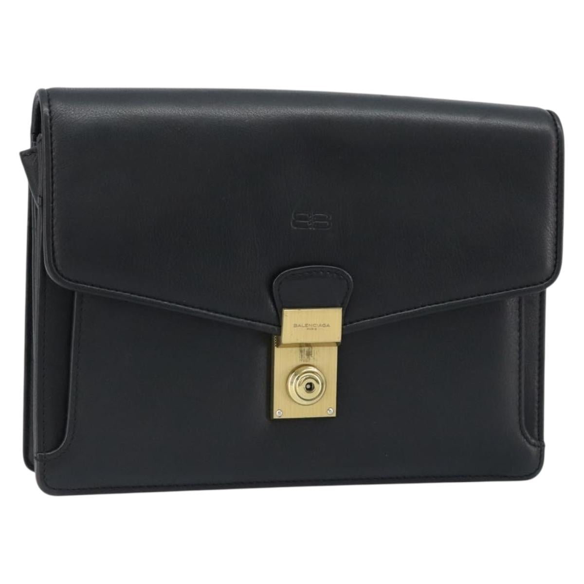BALENCIAGA Clutch Bag Leather Black Gold Auth 172150