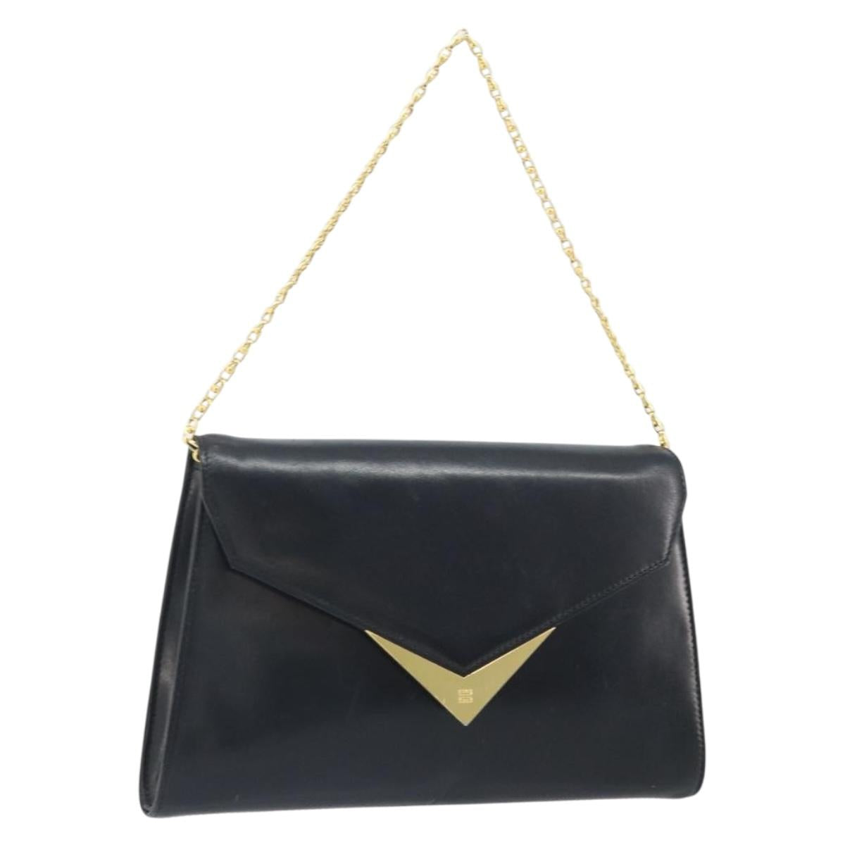 GIVENCHY Chain Hand Bag Leather Black Gold Auth 172216