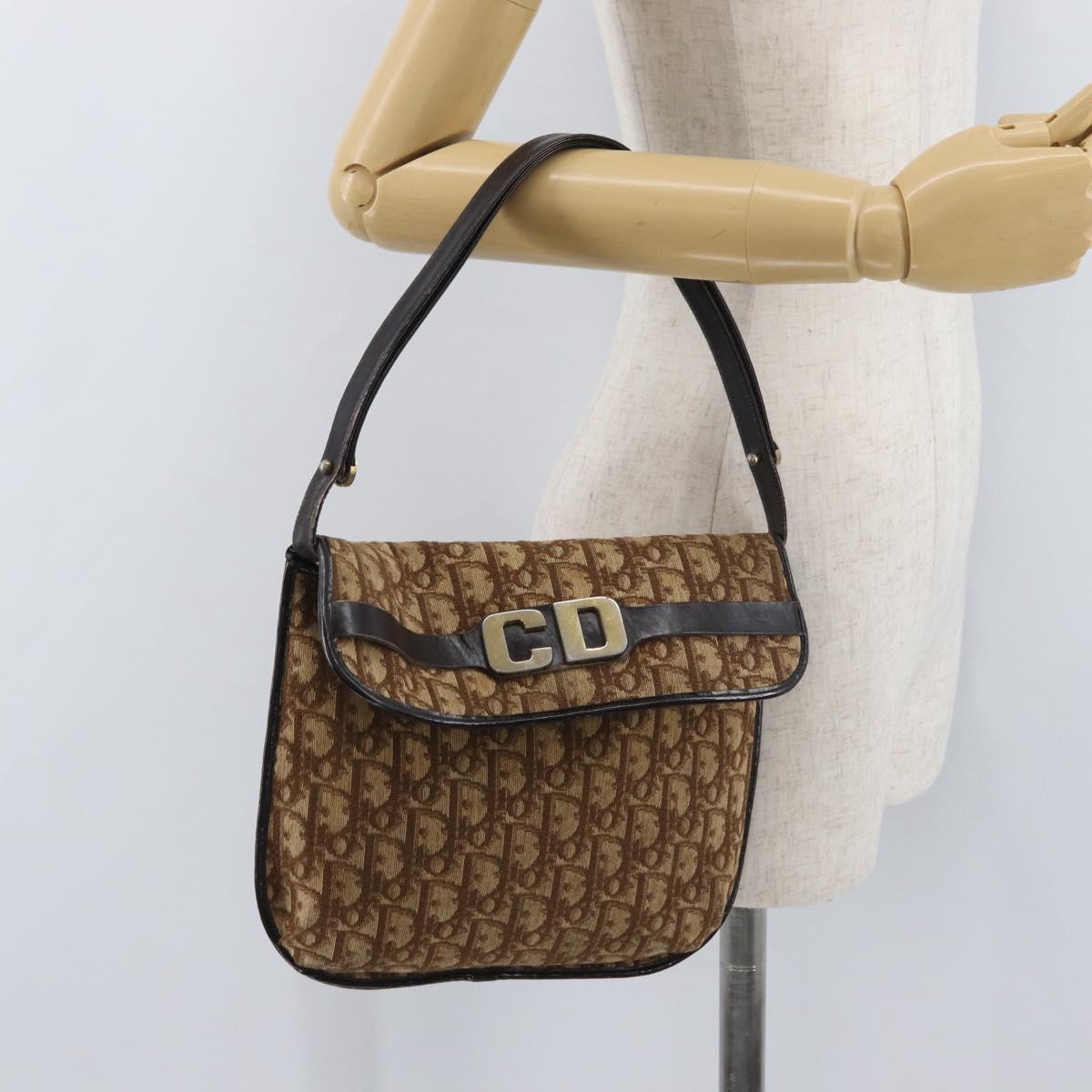 Christian Dior Trotter Canvas Shoulder Bag Brown Gold Auth 172219