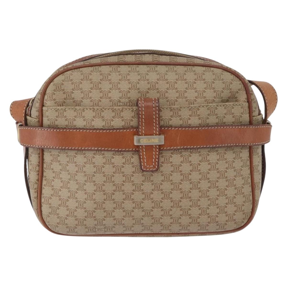 CELINE Macadam Canvas Shoulder Bag PVC Leather Beige Gold Auth 172225