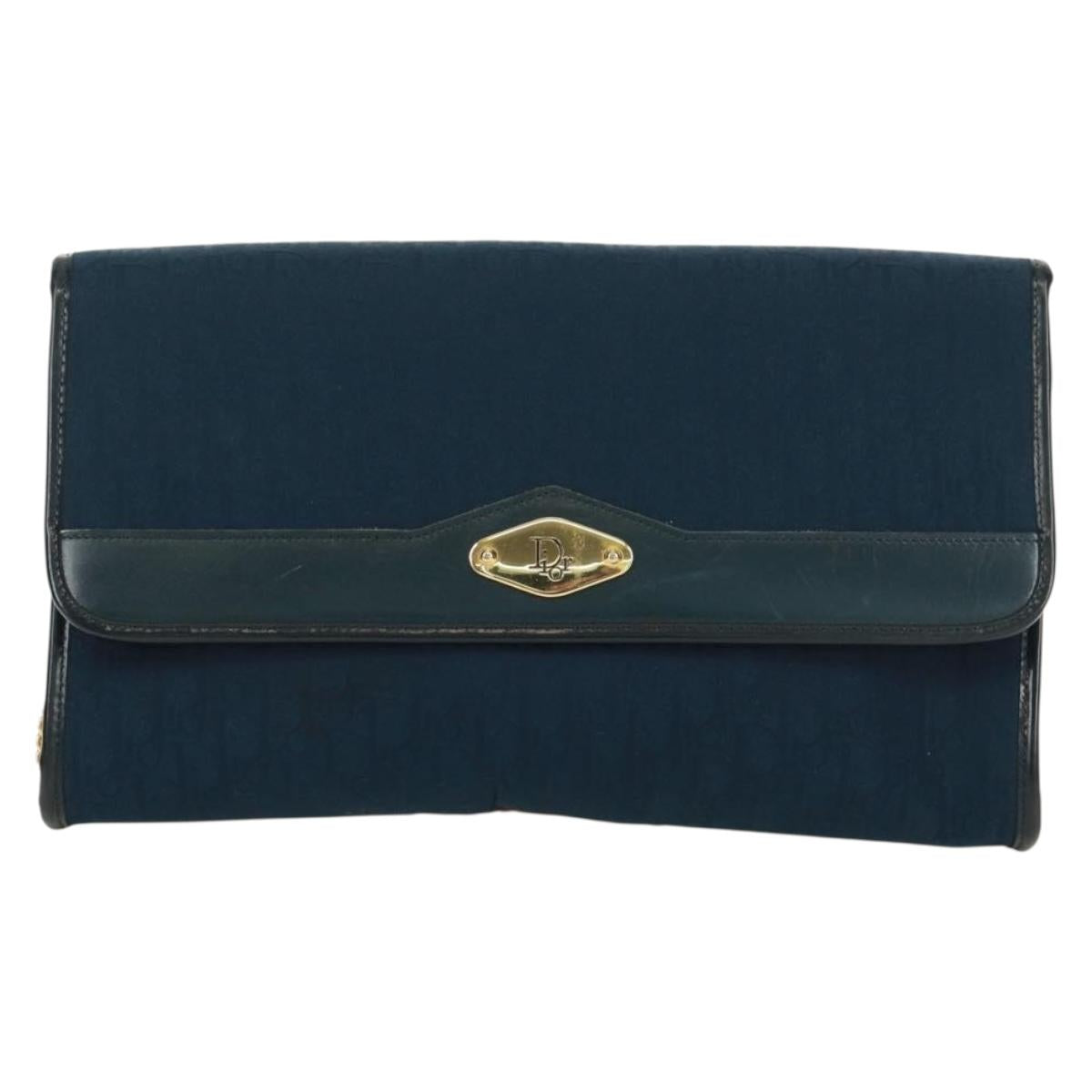 Christian Dior Chain Trotter Canvas Shoulder Bag Navy Gold Auth 172233V